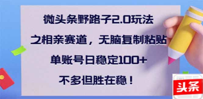 （14334期）微头条野路子2.0玩法之相亲赛道，无脑搬砖复制粘贴，单账号日稳定300+…-时笙的博客